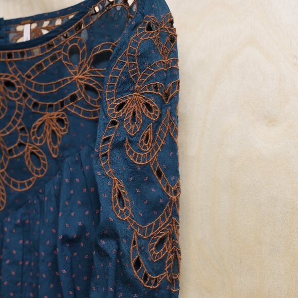 Free People Teal and Brown Embroidered Blouse - Picture 4 of 10